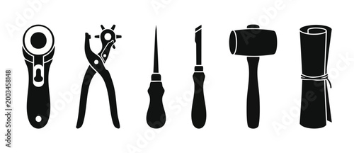 Schilderij op canvas Leather Crafting Tools Icon Set, Professional Leatherworking Equipment for DIY A