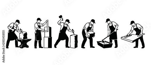 Construction Workers Icon Set, Masonry and Stone Craftsmanship. Professional Builders Working with Tools and Raw Materials, Flat Black Silhouette Design Elements for Architecture or Renovation Project