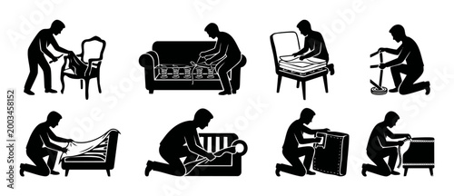 Upholstery furniture repair icons set, craftsman restoring sofa and armchair, professional upholstery work, furniture restoration steps, DIY furniture refurbishment, carpentry services, black silhouet