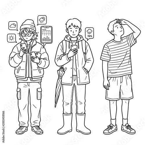 Characters interpreting weather through stylish minimalist sketches