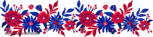 patriotic floral border with red and blue flowers and berries on white background hand drawn horizontal botanical frame for independence day