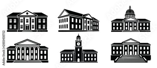 Government building icons set, classical architecture with columns and domes, vector collection of law court, university, capitol and town hall exterior silhouettes isolated on a white background for