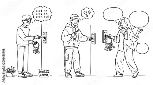 A person trying to unlock the door with a set of keys in hand.