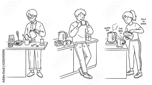 Three characters engaged in making a cup of tea in a kitchen.