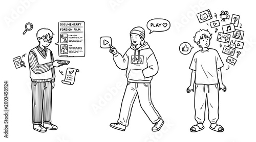 An individual reading a poster while another engages with a phone.