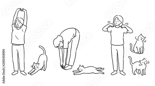 Relaxed characters stretching with playful cats in minimalist design