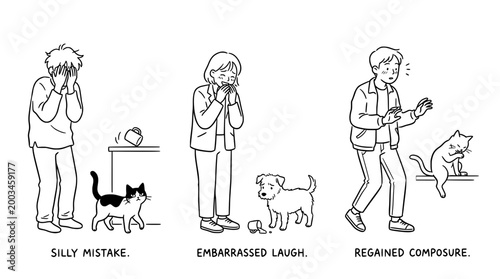 Humorous accidents and pet interactions illustrated in minimalist style.