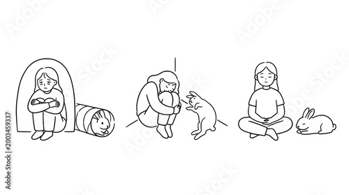 Person emotionally engaged with a rabbit in moments of solitude.