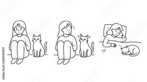 Child spending time with a cat in a heartwarming line art sketch series.
