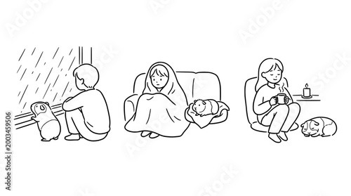 Children cozily spending time with guinea pigs in a sketch setting