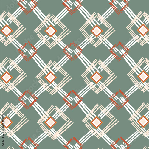 Hand drawn geometric diamond pattern in boho ethnic style. Abstract ornamental background inspired by textile motifs. Suitable for wallpaper, fabric, packaging, and surface design.