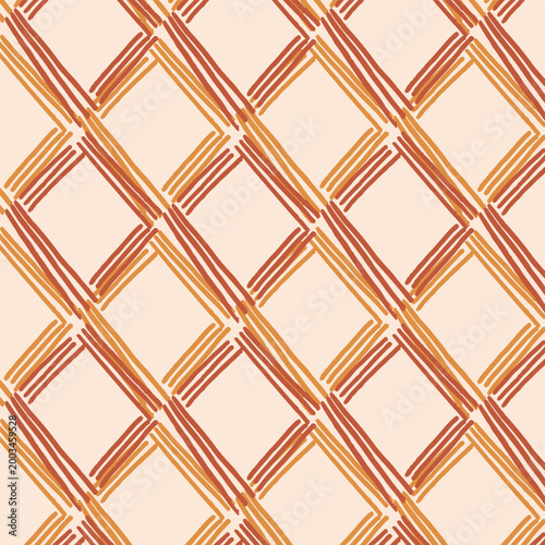 Hand drawn geometric diamond pattern in boho ethnic style. Abstract ornamental background inspired by textile motifs. Suitable for wallpaper, fabric, packaging, and surface design.