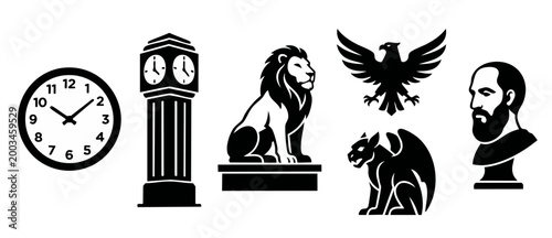 Classic Icon Set Vector Illustration, Clock Tower Lion Eagle Statue and Bust Symbols for Logo Design, Minimalist Black and White Graphic Elements for Branding Projects and Artistic Historical Decorati