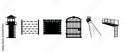 Prison Security Icons Set, Watchtower Barbed Wire Wall Gate Spotlight and Guard Platform for Correctional Facility or Jail Concept Design, Flat Black Vector Graphic Symbols on White Background Illustr