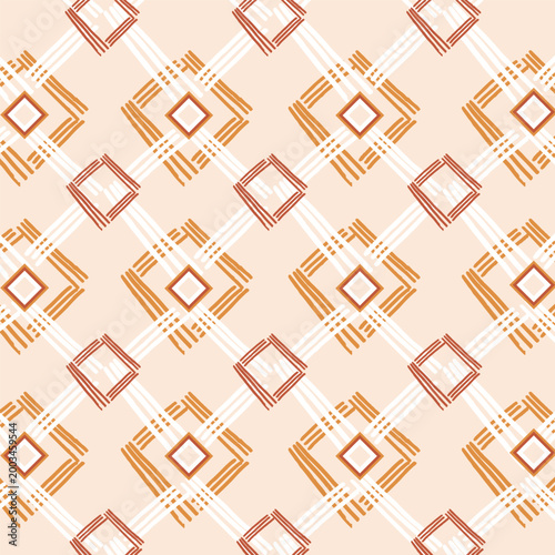 Hand drawn geometric diamond pattern in boho ethnic style. Abstract ornamental background inspired by textile motifs. Suitable for wallpaper, fabric, packaging, and surface design.