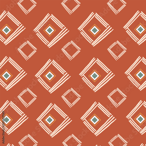 Hand drawn geometric diamond pattern in boho ethnic style. Abstract ornamental background inspired by textile motifs. Suitable for wallpaper, fabric, packaging, and surface design.