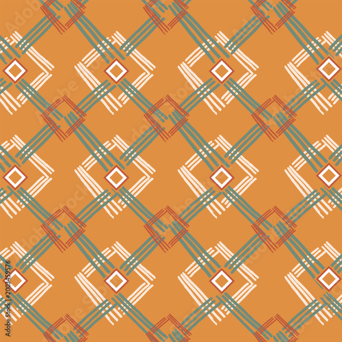 Hand drawn geometric diamond pattern in boho ethnic style. Abstract ornamental background inspired by textile motifs. Suitable for wallpaper, fabric, packaging, and surface design.
