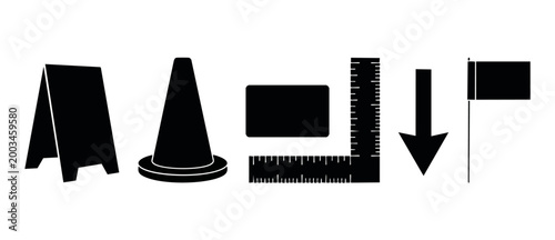 Road Construction Icons Set Traffic Cone Signage Ruler Arrow Flag Symbol Vector Illustration for Site Planning Engineering Logistics Mapping and Infrastructure Design Project Management Isolated Graph