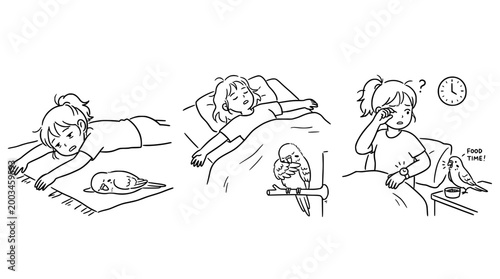 Child Awakened by Pet Bird's Call in Various Sleepy and Curious States
