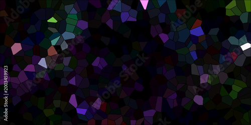 Vibrant abstract mosaic with irregular polygonal shapes in dark jewel tones and bright highlights of pink blue and green against black
