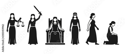 Lady Justice Icons Set Silhouette, Legal System Symbols for Court Law and Judgment Concepts, Vector Graphic Illustrations of Blindfolded Judge, Scales, Sword, Throne, Standing and Kneeling Female Figu