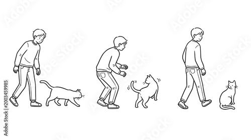 Curious Cat Interactions: Minimalist Outline of Characters at Play