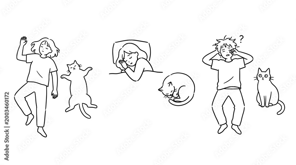 Fototapeta premium Sleeping Cat and Human Morning Stretching Lifestyle in Minimalist Style