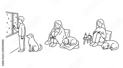 Cozy sketches of people relaxing with their dogs during rainy days.