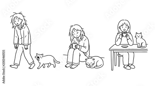Relaxed moments of a woman and her cat in a simplistic line art style.