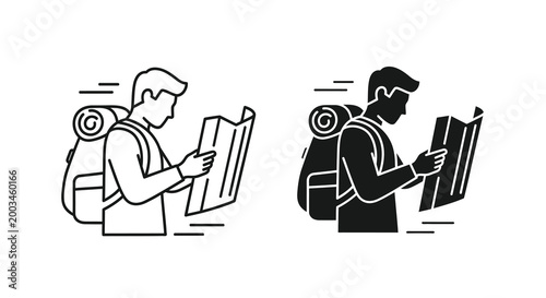 traveler with backpack and map line art illustration on white background