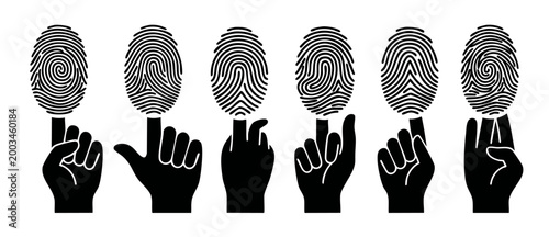 Fingerprint Icon Set Human Identification Biometric Security Symbols. Set of black vector hands touching unique fingerprint patterns for digital identity verification, forensic analysis and data prote