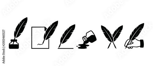 Quill pen ink set vector icons for vintage writing and calligraphy document signing. Black silhouette collection of feathers and inkwells for education, literature, poetry, and creative publishing des