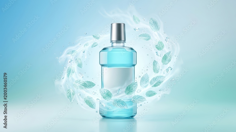 Obraz premium Mint fresh breath concept visual with translucent leaves and cool blue mouthwash