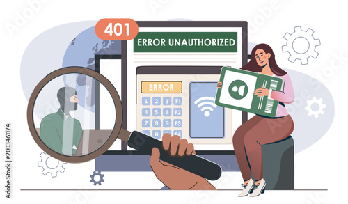 401 error unauthorized concept. Woman with magnifying glass looks at hacker. Cybercrime and online danger. Users personal information theft. Trouble and error. Flat vector illustration