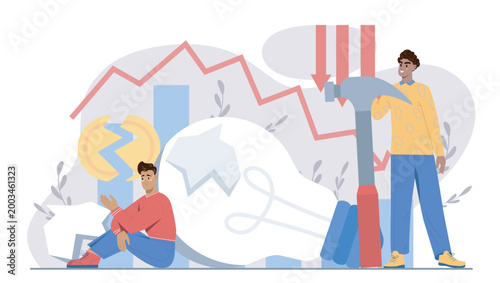 Startup failure concept. Men with hammer near falling graph and broken light bulbs. Crashed business project or start up. Frustration after mistake. Flat vector illustration