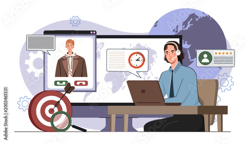 Call center concept. Woman in headset sits at workplace and answers customer questions. Consultation and technical support for users. Hotline operator with client. Flat vector illustration