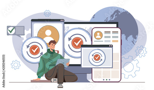 Cross device syncing. Man with gadget sits near smartphone, computer, and tablet. Cloud storage and electronic archive. Updating and synchronization. Flat vector illustration