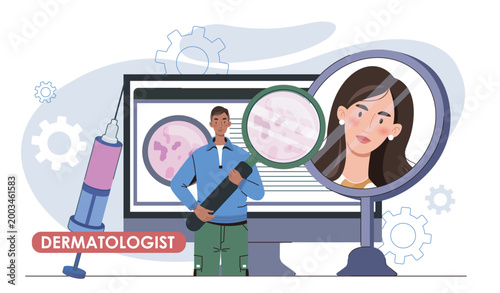 Dermatologist online concept. Man with magnifying glass examines woman skin. Beauty procedures and routine. Dermatology and cosmetology. Flat vector illustration