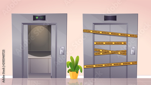 Elevator warning concept. Open and closed lift in hotel, motel or business center. Modern steel elevator in hall with yellow caution signs. Flat vector illustration