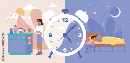 Evening and day comparison. Woman sleep at night and make coffee at day. Daily routine and lifestyle. Young girl at night and morning. Flat vector illustration