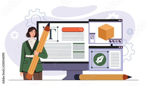 Graphic designer woman. Young girl with pencil near computer. Digital artist develops graphic elements for website. Freelancer and remote worker designs webpage. Flat vector illustration