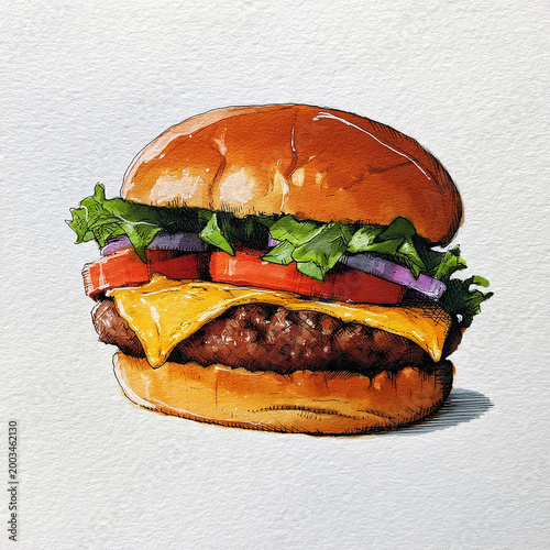 Classic cheeseburger illustration with a juicy patty, melted cheese, fresh lettuce, ripe tomato, and crisp onion. Hand-drawn artwork of a popular fast food meal