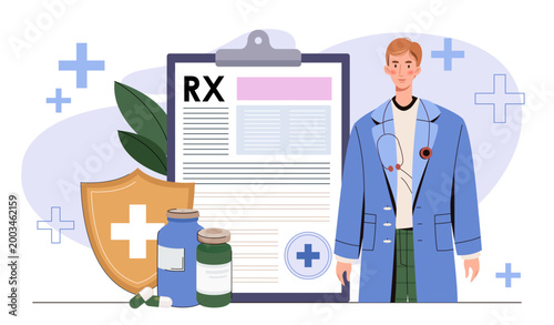 Medical prescription concept. Man in medical uniform stands next to bottles of pills. Therapist writes prescription for patient. Healthcare and medicine. Flat vector illustration