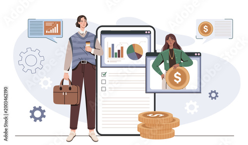 Mobile expense management. Man and woman near gold coins, graphs and charts. Financial planning and literacy. Application for accounting and budgeting. Flat vector illustration