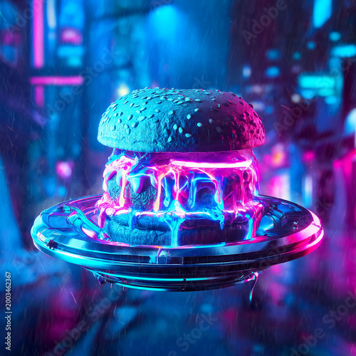 Futuristic neon burger, glowing blue and pink, hovers over a cyberpunk city. A vibrant digital illustration blending modern food aesthetics and advanced technology