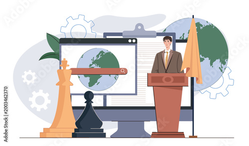 Politician speaks concept. Man in suit speaks at podium and flag. Public political speech to voters. Election campaign and rostrum, debates. Flat vector illustration