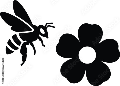 Silhouette vector of a honey bee approaching a simple flower design