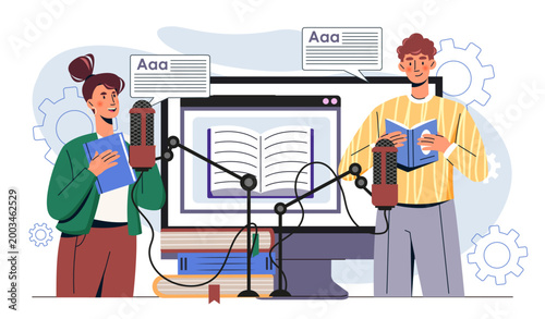 Rhetoric class online. Man and woman holding books near microphone. Speaking courses and oratory master class. Education, learning and training. Flat vector illustration