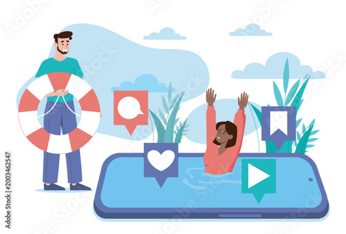Salvation from gadget addiction. Man throws life preserver to woman drowning in smartphone. Mental and psychological problems. Social media dependence. Flat vector illustration