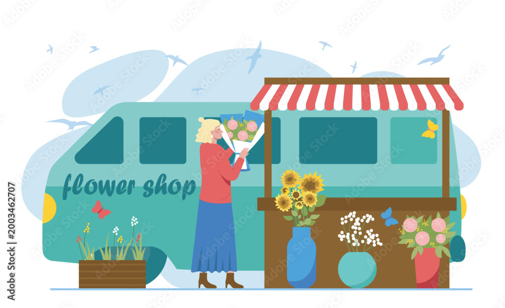 Naklejka premium Street flower store. Woman with bouquet near stall and van. Florist at market with tulips and roses. Bloom and blossom flowers. Flat vector illustration